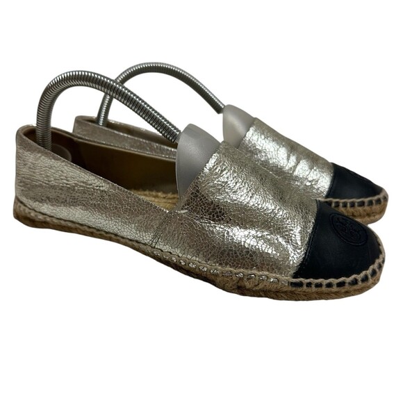 TORY BURCH Silver/Navy Leather Color Block Logo Espadrille Flats US 8 Casual - Picture 1 of 12